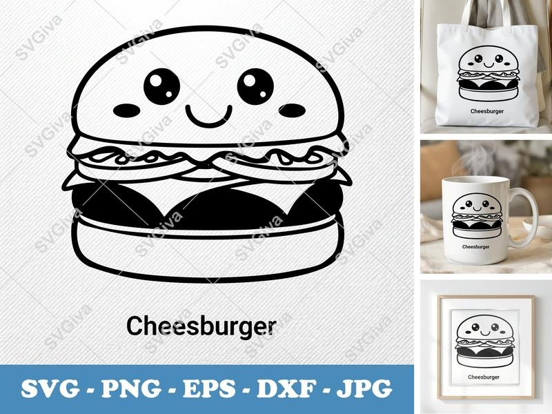 Cheeseburger Kawaii SVG, Modern Cartoon Burger PNG EPS DXF | Cricut Silhouette Cut File, Fast Food Clipart