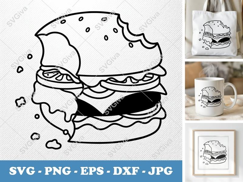 Cheeseburger SVG | Bitten Burger, Modern Food Cut File, Fast Food PNG, EPS, DXF for Cricut, Silhouette
