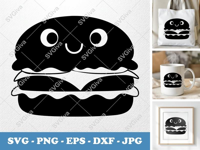 Cheeseburger SVG | Kawaii Burger Cut File, Cute Food Clipart | PNG EPS DXF for Cricut, Silhouette, Funny Design