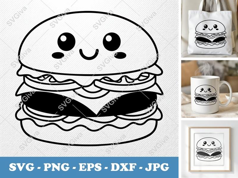 Cheeseburger SVG | Kawaii Food Cut File, Cute Burger PNG EPS DXF for Cricut, Silhouette, Kids Crafts, Fast Food