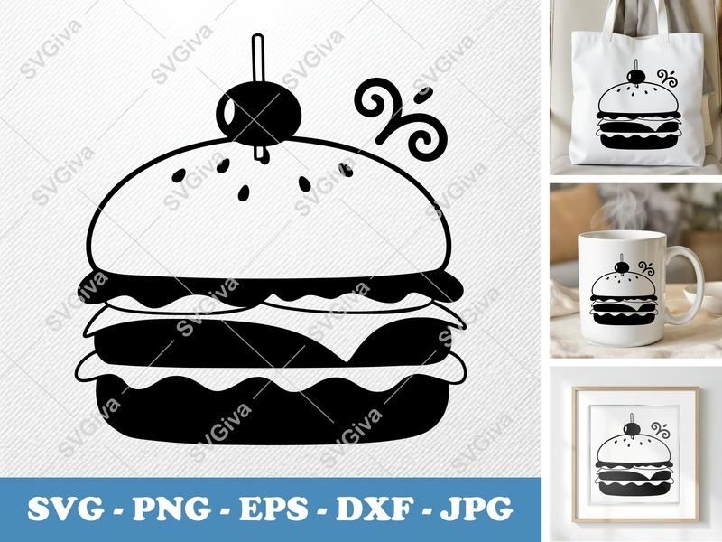 Cheeseburger SVG | Modern Burger Design, Foodie Cut File, Olive Topper | PNG EPS DXF for Cricut, Silhouette