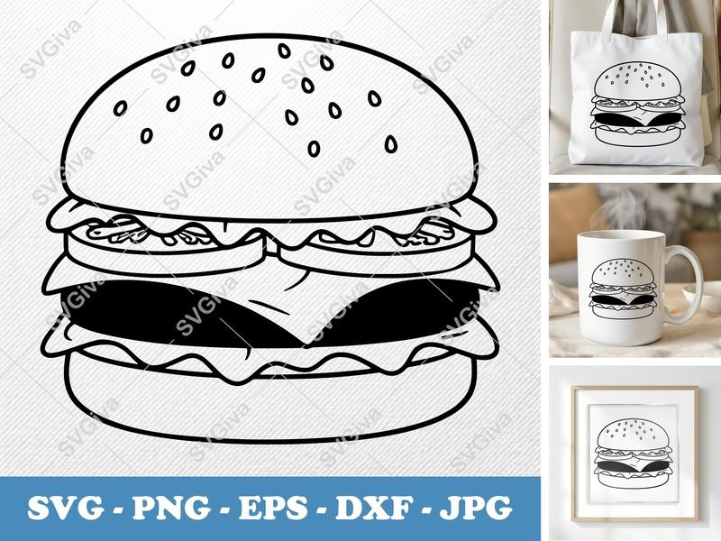 Cheeseburger SVG | Modern Burger Outline, Food Clipart | PNG EPS DXF for Cricut, Silhouette, Cutting Machine Design
