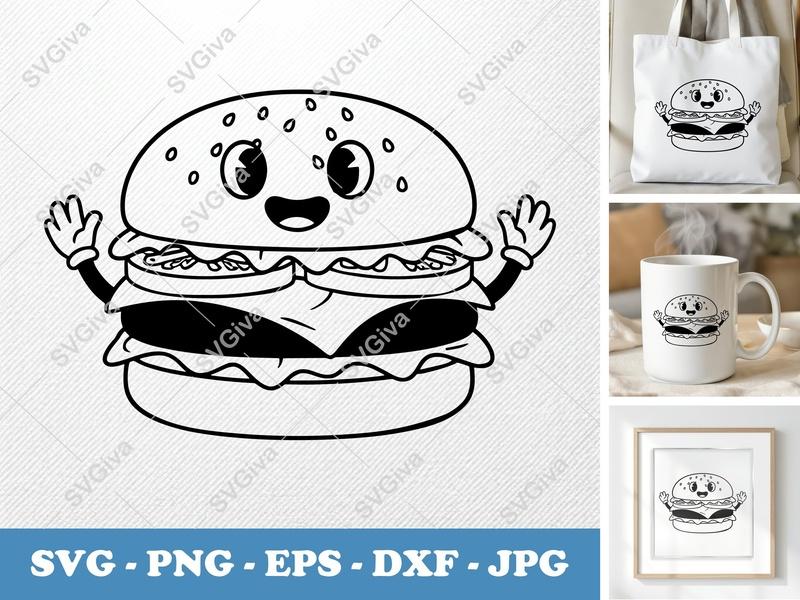 Cheeseburger SVG | Modern Cartoon Smiling Burger | PNG, EPS, DXF | Cricut & Silhouette Cut File | Fast Food Clipart