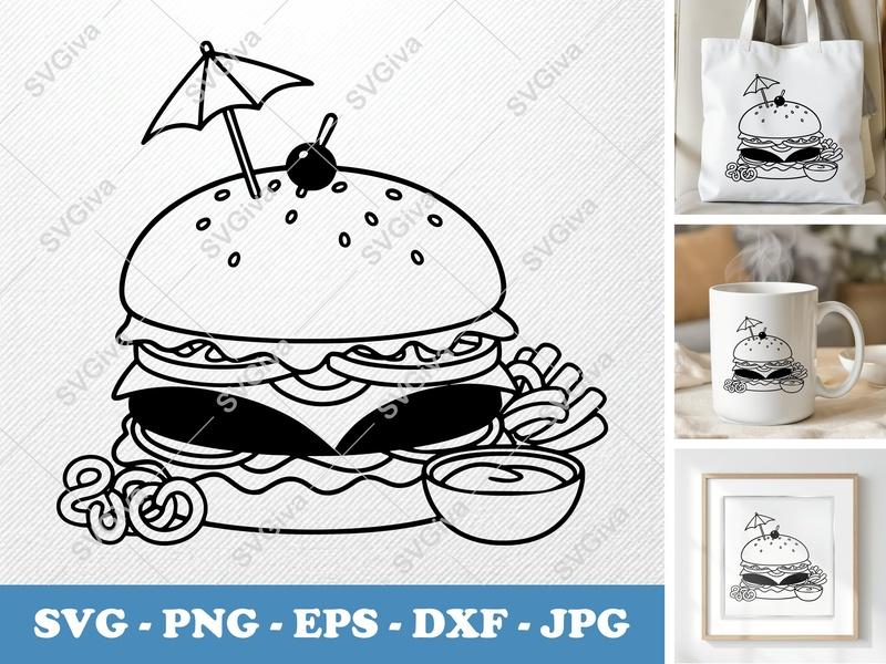 Cheeseburger SVG | Modern Fast Food Cut File with Fries & Sauce | PNG EPS DXF for Cricut Silhouette