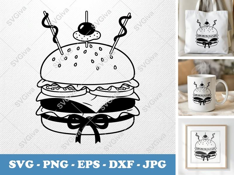 Cheeseburger SVG with Skewers & Ribbon Bow | Modern Outline Cut File for Cricut, Silhouette | PNG, EPS, DXF Included