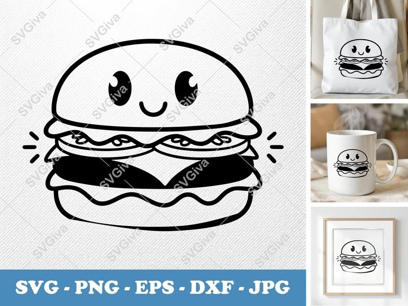 Cheeseburger with Smiling Face SVG | Friendly Bean-Shaped Cut File | PNG DXF EPS for Cricut Silhouette