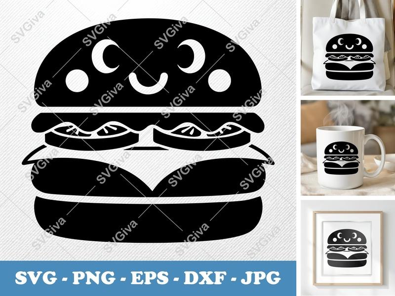 Cheeseburger with Smiling Face SVG | Puffy Soft Shapes | Inflated Pillow-Soft Forms | PNG DXF EPS | Cricut Silhouette File