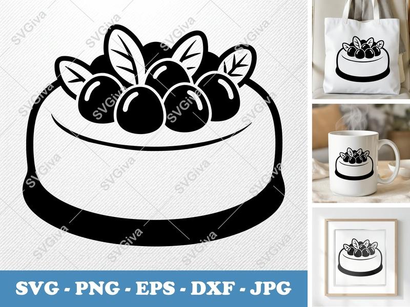 Cheesecake SVG, Modern Cake Design with Berries and Leaves, PNG EPS DXF | Cricut Silhouette Cut File, Dessert Clipart