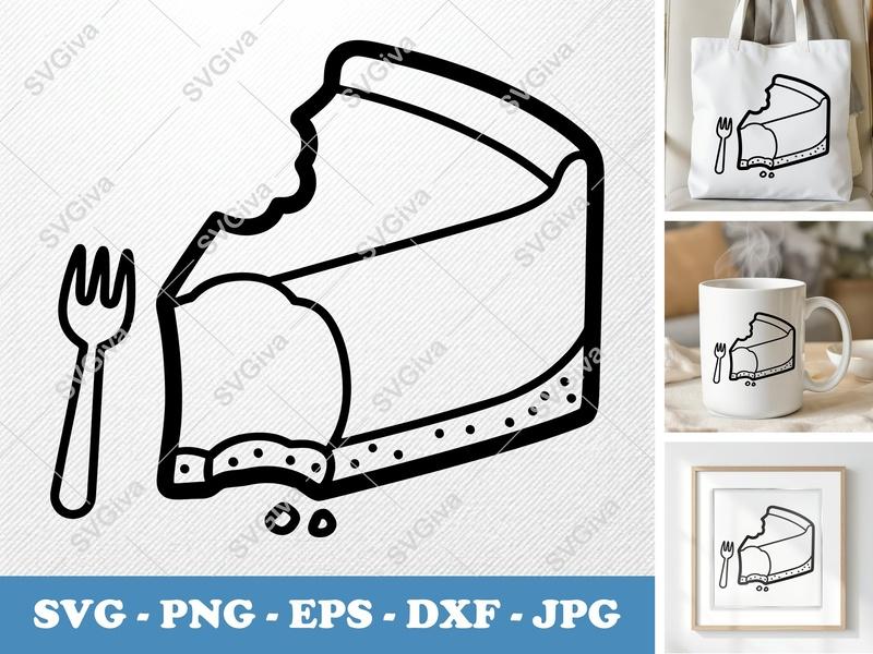 Cheesecake SVG, Modern Clean Design with Fork, Bitten Slice, PNG EPS DXF for Cricut & Silhouette, Dessert Food Cut File