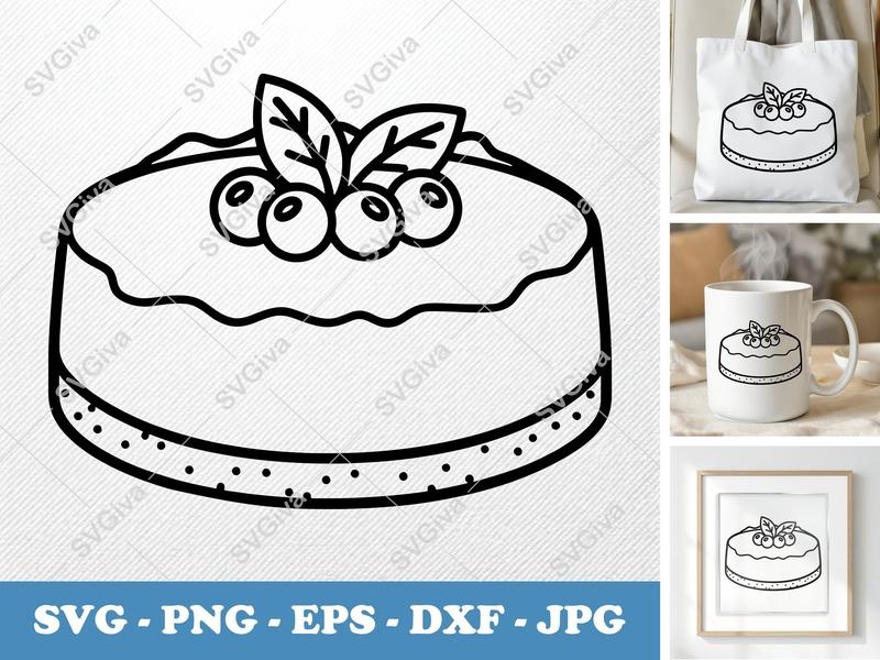 Cheesecake SVG with Berries & Leaves | Modern Cake Outline, PNG, EPS, DXF for Cricut & Silhouette