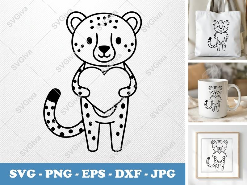 Cheetah Holding Heart SVG | Friendly Rounded Body Bean-Shaped Forms | PNG DXF EPS | Cricut Silhouette File