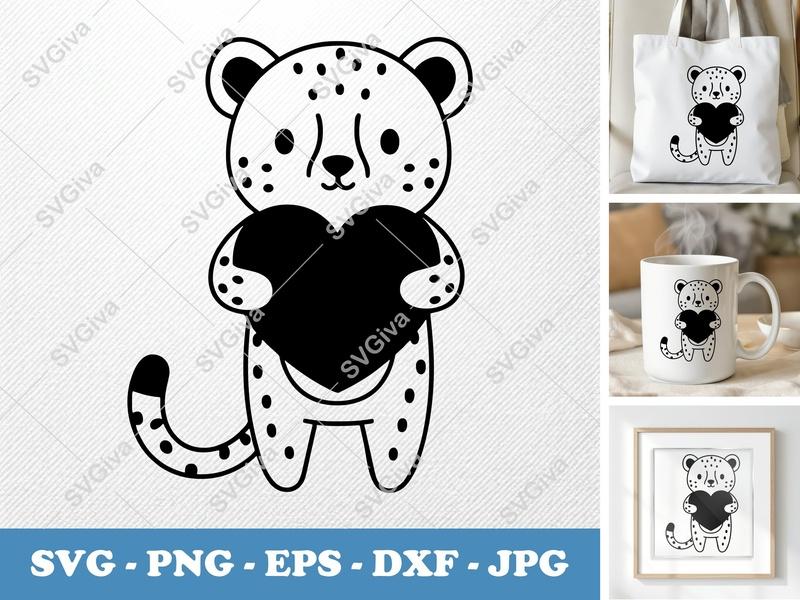 Cheetah Holding Heart SVG | Puffy Inflated Design | PNG DXF EPS | Cricut Silhouette File