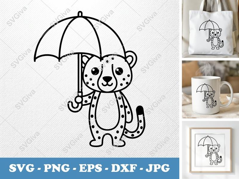 Cheetah holding umbrella SVG PNG DXF EPS | Cricut Silhouette Cut File Animal