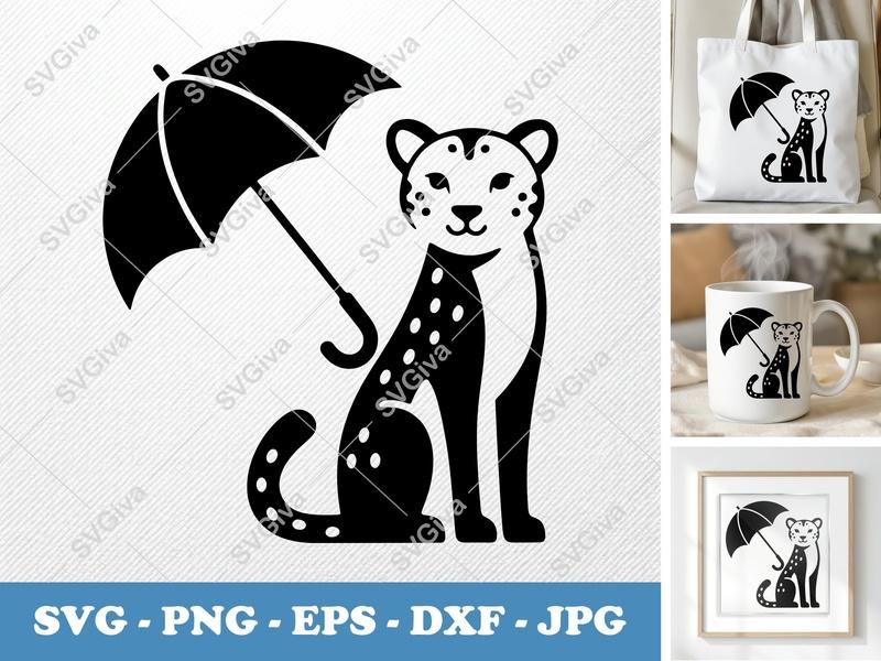 Cheetah Holding Umbrella SVG | Puffy Soft Forms PNG DXF EPS | Cricut Silhouette Cut File
