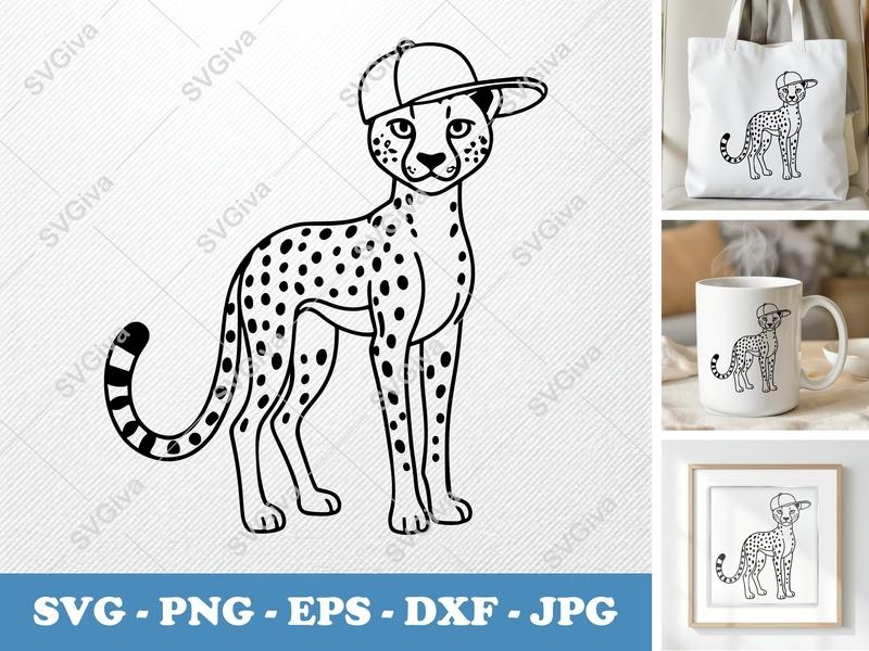 Cheetah in a Cap SVG | Minimalist Bold Black Contour Clean White Fill | PNG DXF EPS | Cricut Silhouette Cut File
