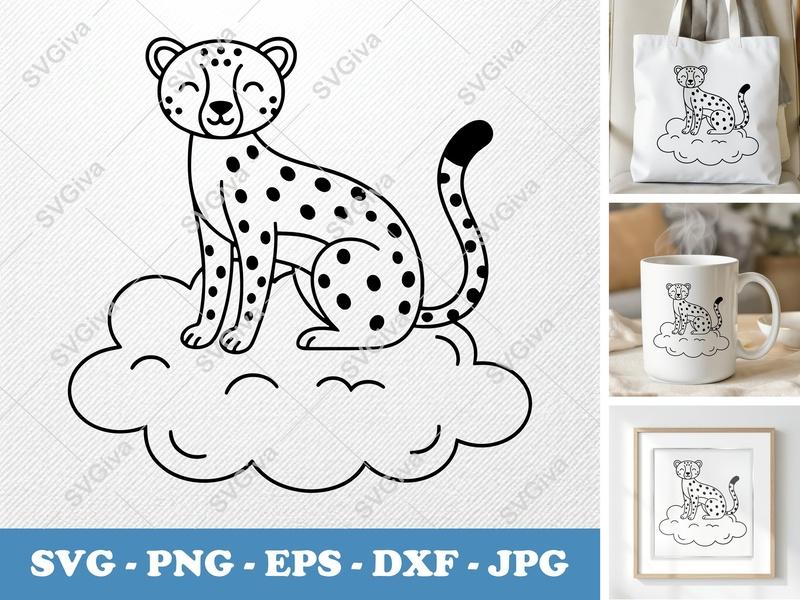 Cheetah on Cloud SVG | Modern Cute Animal PNG EPS DXF | Cricut Silhouette Cut File