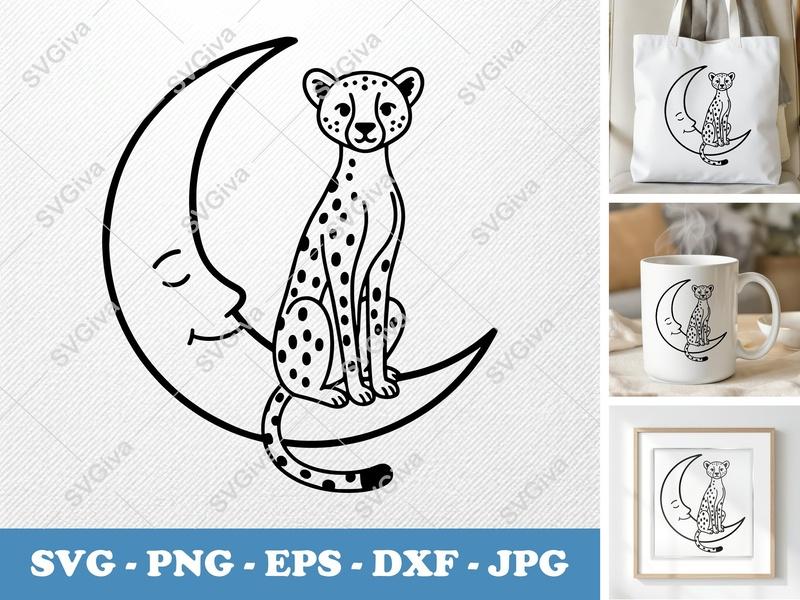 Cheetah on Moon SVG | Lunar Animal PNG EPS DXF | Cricut Silhouette File | Modern Celestial Art | Digital Download