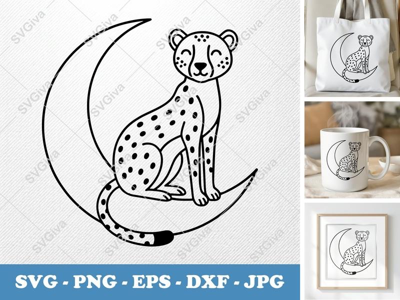 Cheetah on Moon SVG | Modern Wild Cat Line Art PNG EPS DXF | Cricut Silhouette File