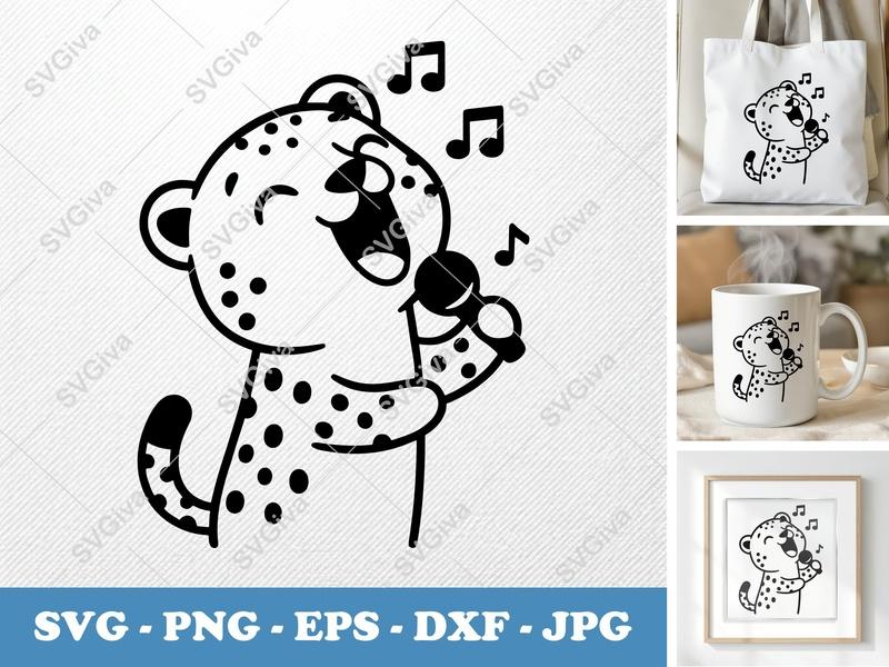 Cheetah Singing SVG | Cute Animal Karaoke | Music Notes PNG, EPS, DXF | Cricut & Silhouette Cut File