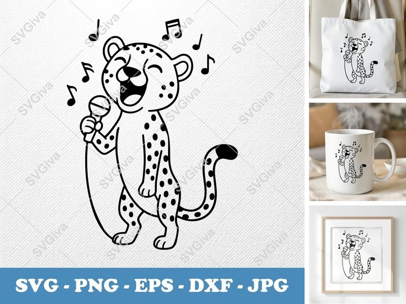 Cheetah Singing SVG, Cute Animal Mic PNG, Music Notes EPS, Cartoon DXF | Cricut & Silhouette Cut File