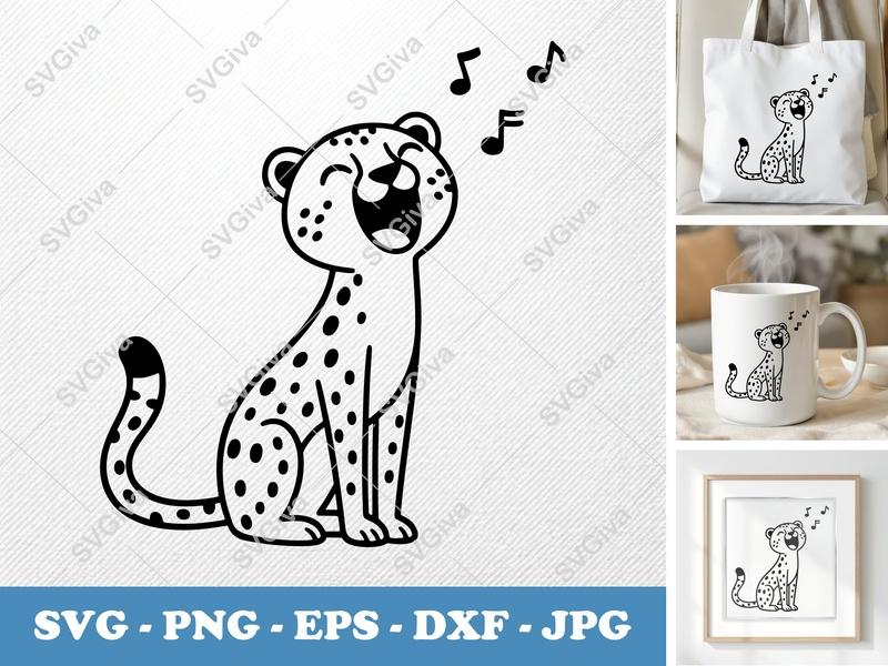 Cheetah Singing SVG, Happy Cartoon Animal PNG, EPS, DXF Cut File for Cricut & Silhouette, Music Notes Clipart