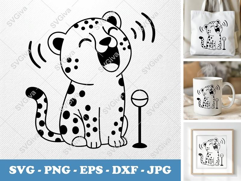 Cheetah Singing SVG, Happy Leopard Cut File, Microphone PNG EPS DXF for Cricut, Silhouette, Animal Clipart Vector