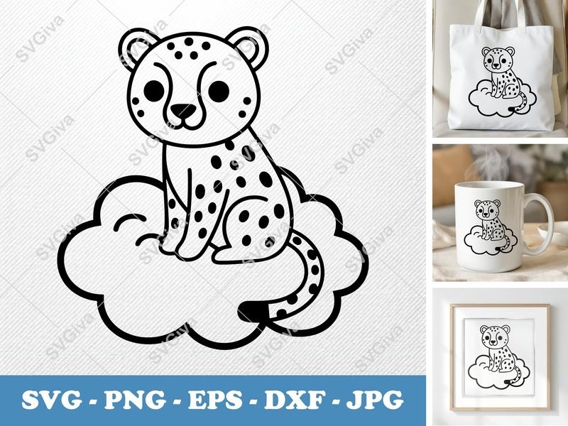 Cheetah Sitting on Cloud SVG, Friendly Bean-Shaped Forms, Rounded Animal Cut File | PNG DXF EPS for Cricut Silhouette