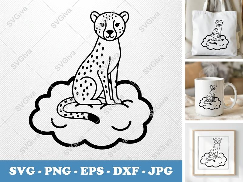 Cheetah Sitting on Cloud SVG | Minimalist Vector Design | Bold Contour Cut File | PNG DXF EPS | Cricut | Silhouette