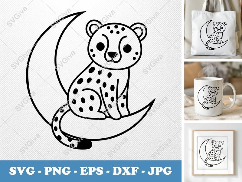 Cheetah Sitting on Moon SVG | Friendly Rounded Bean-shaped Line Art | PNG DXF EPS | Cricut Silhouette File