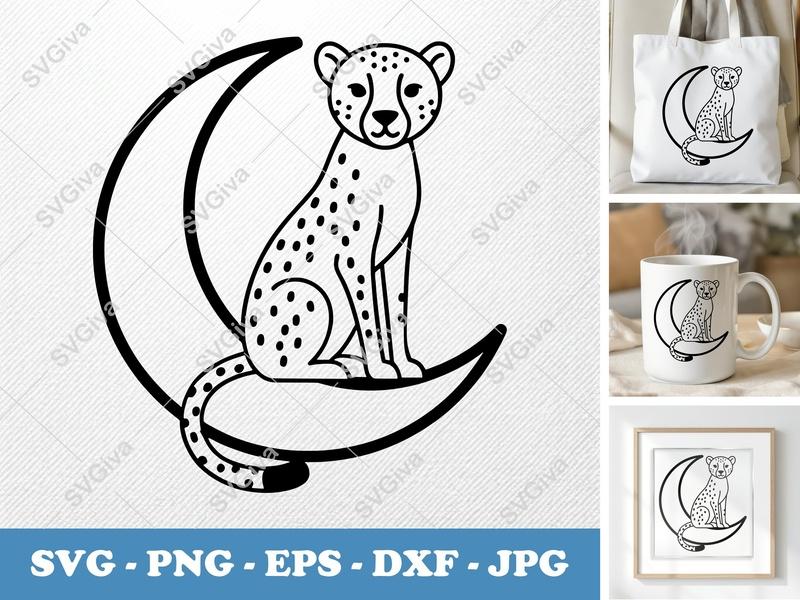 Cheetah Sitting on Moon SVG | Minimalist Line Art | PNG DXF EPS | Cricut Silhouette File