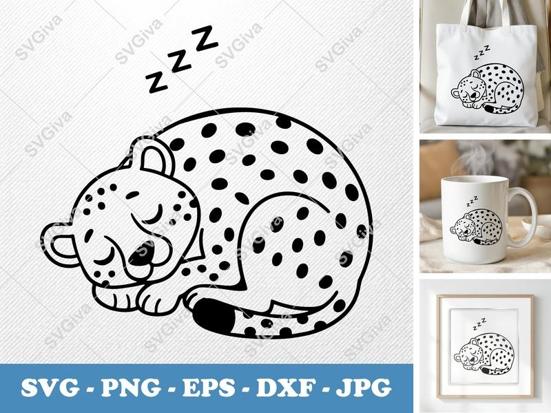 Cheetah Sleeping SVG | Cute Animal Zzz | Modern Wild Cat PNG EPS DXF for Cricut & Silhouette | Nursery Decor Clipart