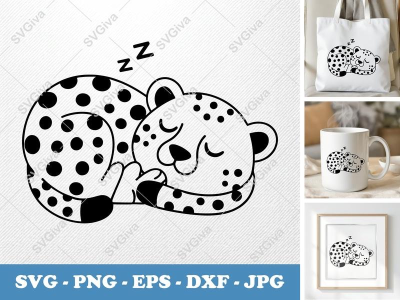 Cheetah Sleeping SVG, Cute Napping Leopard PNG, Cozy Animal EPS, Black & White DXF for Cricut & Silhouette