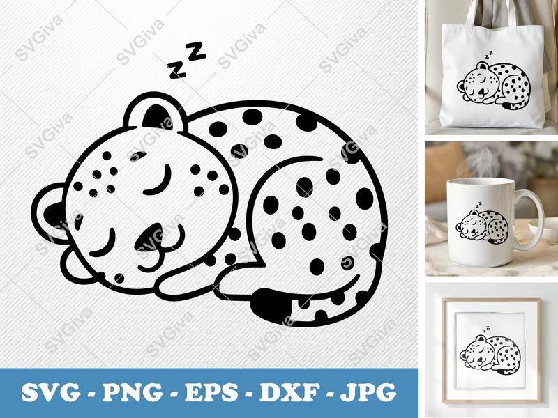 Cheetah Sleeping SVG, Cute Napping Leopard PNG, EPS, DXF | Animal Cut File for Cricut, Silhouette | Baby Safari Clipart