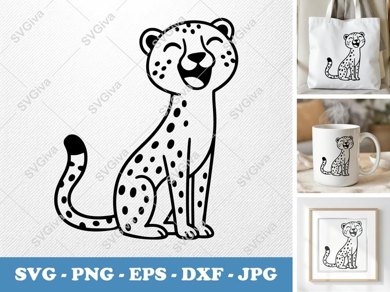 Cheetah Smiling Happily SVG | Friendly Rounded Body Bean-Shaped Forms | PNG DXF EPS | Cricut Silhouette