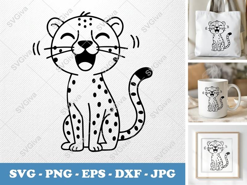 Cheetah Smiling Happily SVG | Puffy Cartoon Cheeta Cut File | PNG, DXF, EPS for Cricut & Silhouette