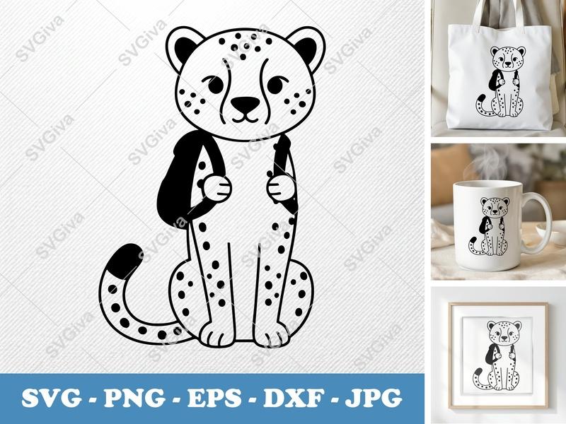 Cheetah SVG, Cartoon Cheetah with Backpack, Modern Safari Animal PNG EPS DXF for Cricut & Silhouette