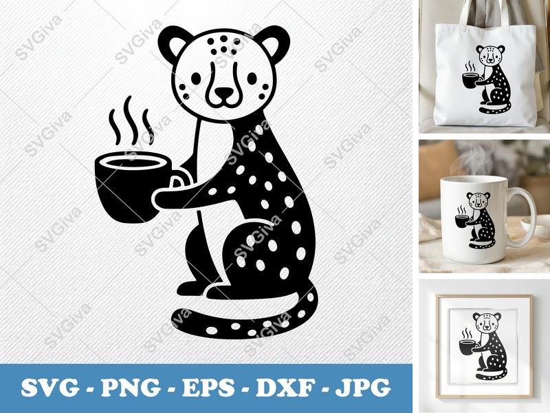 Cheetah SVG | Coffee Cup Animal | Modern Safari Clipart | PNG EPS DXF | Cricut Silhouette Cut File