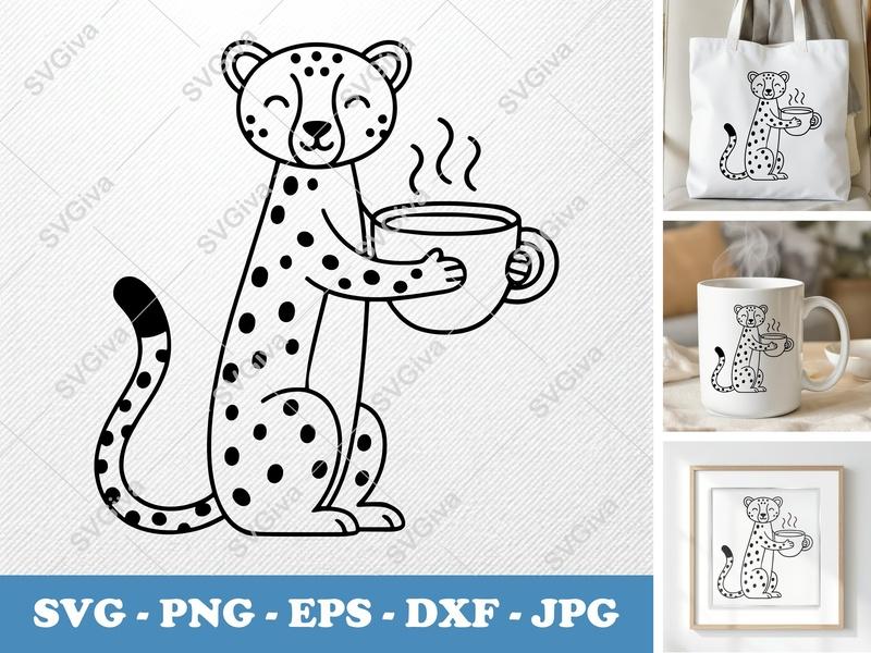 Cheetah SVG | Coffee Mug Drinker, Cute Cartoon Animal | PNG EPS DXF | Cricut Silhouette File