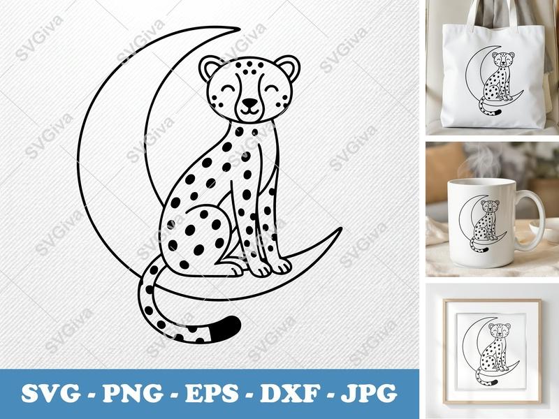 Cheetah SVG | Cute Animal on Moon Clipart | PNG EPS DXF for Cricut, Silhouette | Kids Nursery Decor Cut File
