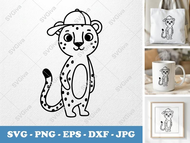 Cheetah SVG, Cute Animal with Cap Cut File | PNG EPS DXF | Cricut Silhouette Design, Baby Safari Clipart