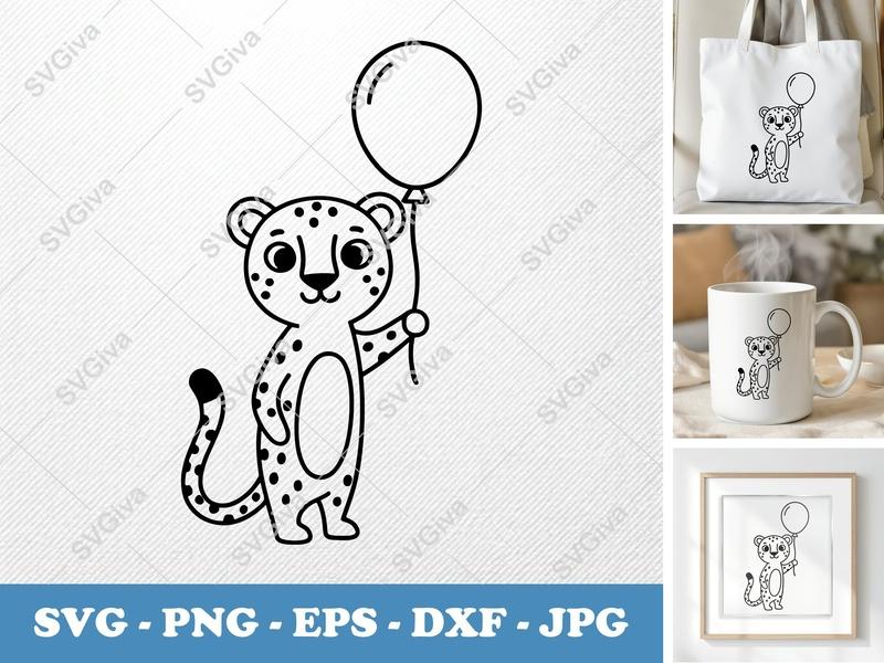 Cheetah SVG | Cute Cartoon Animal with Balloon PNG EPS DXF | Cricut Silhouette Cut File | Kids Party Design