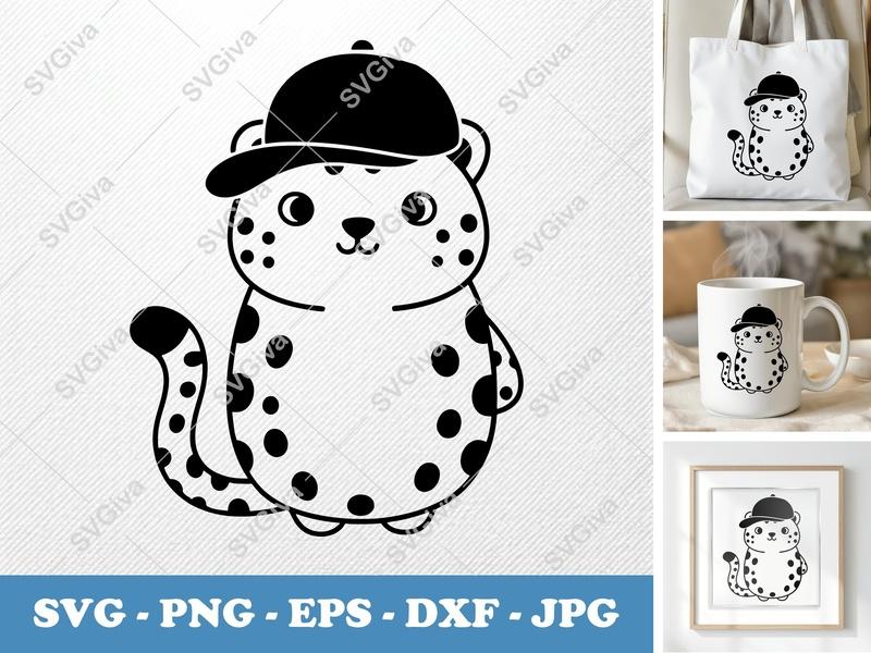 Cheetah SVG | Cute Cartoon Animal with Hat | PNG EPS DXF | Cricut Silhouette Cut File