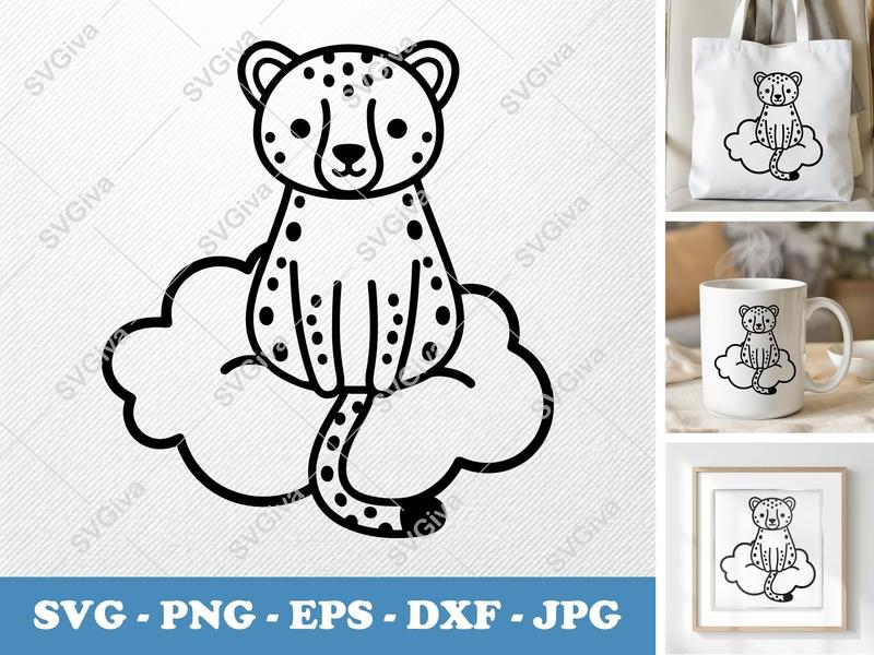 Cheetah SVG | Cute Cartoon Cheetah on Cloud | PNG EPS DXF | Cricut Silhouette Cut File | Modern Animal Design