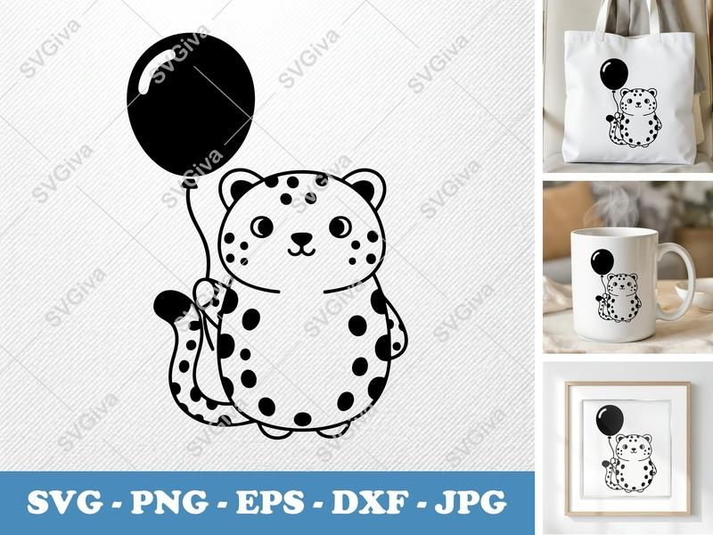 Cheetah SVG | Cute Leopard with Balloon, Modern Outline Art | PNG EPS DXF for Cricut, Silhouette | Baby Safari Animal Vector