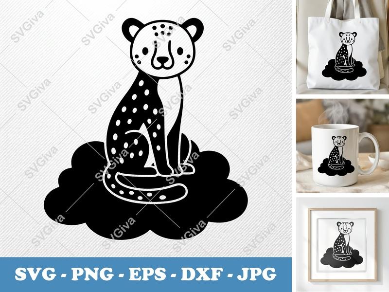 Cheetah SVG | Cute Sitting Animal on Cloud | PNG EPS DXF for Cricut, Silhouette | Modern Wild Cat Clipart Cut File