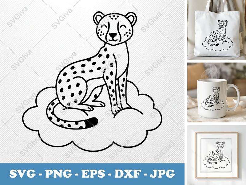 Cheetah SVG | Cute Spotted Cheetah on Cloud | PNG EPS DXF | Cricut Silhouette Cut File, Animal Clipart