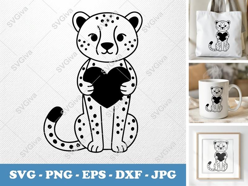 Cheetah SVG | Cute Spotted Cheetah with Heart | PNG EPS DXF | Cricut Silhouette Cut File | Animal Clipart | Modern Design