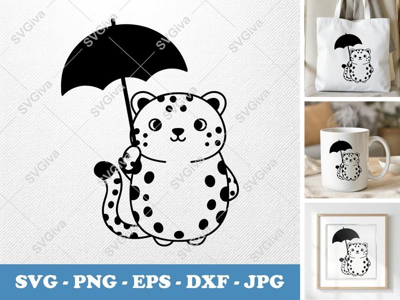 Cheetah SVG, Cute Umbrella Leopard Cut File, Modern Animal PNG EPS DXF for Cricut | Silhouette