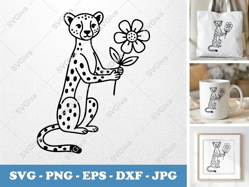 Cheetah SVG | Flower Gift, Modern Outline Cut File for Cricut | PNG EPS DXF | Wildlife Clipart Design for Silhouette