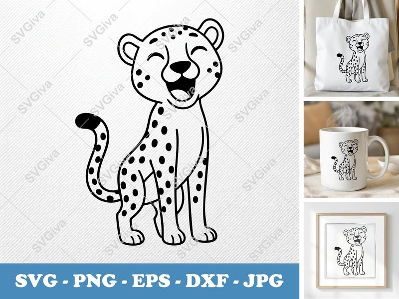 Cheetah SVG, Happy Cartoon Cheetah Cut File, Safari Animal Outline PNG EPS DXF for Cricut | Silhouette, Kids Jungle Clipart